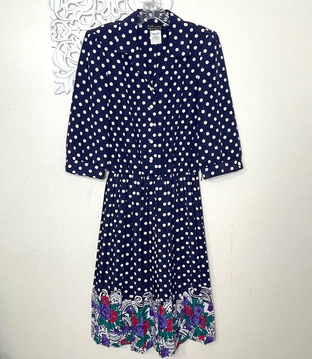 Breli Originals Women's Size 12 Polka Dot Dress Floral Hem Union Made in USA